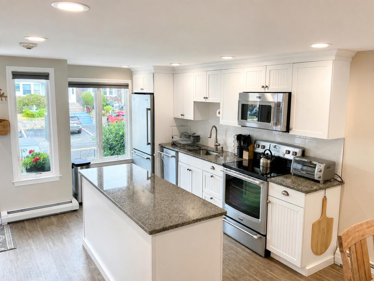 Large kitchen and dining area